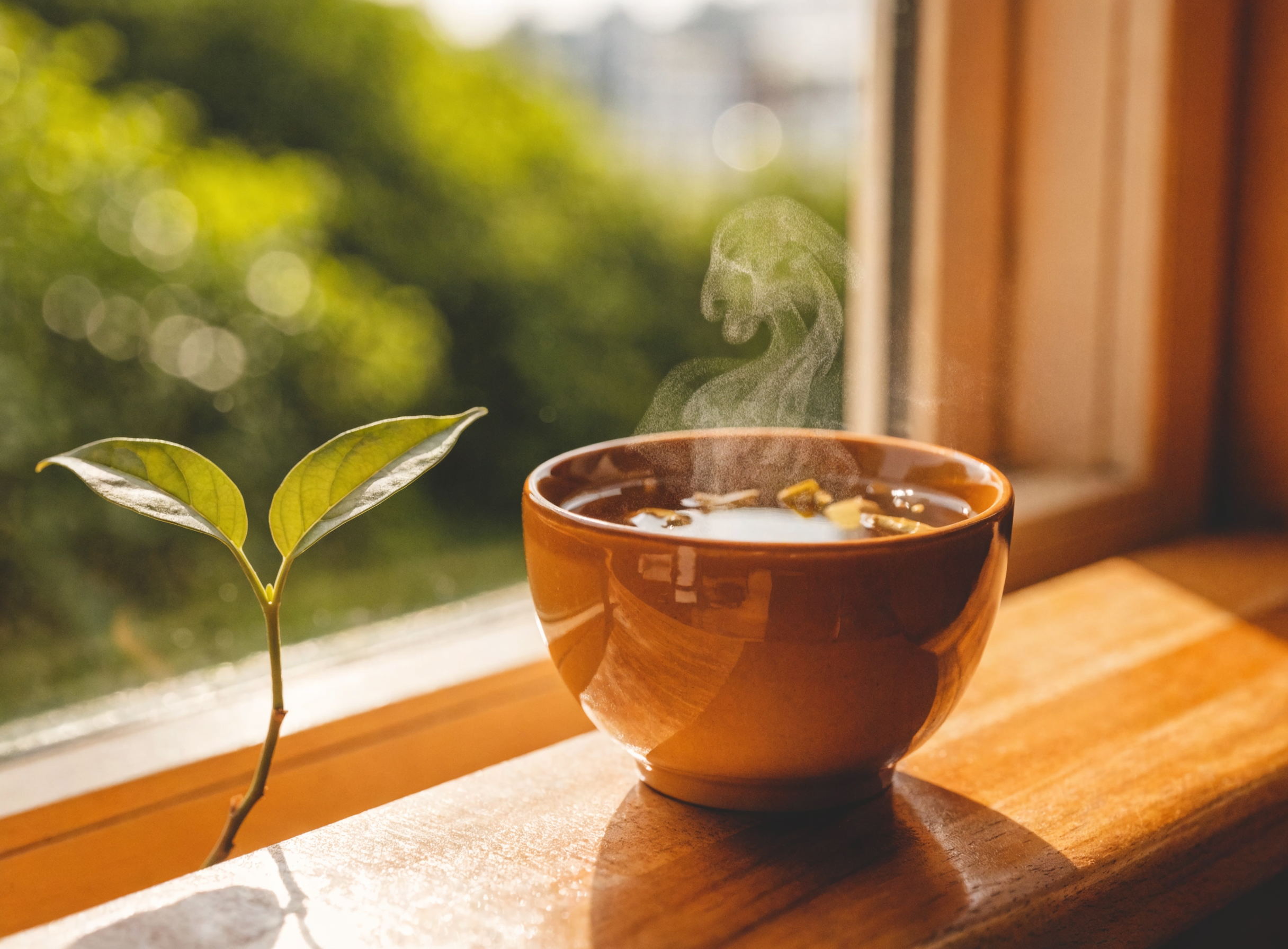 A warm cup of herbal tea on a sunlit windowsill, a moment of mindful presence