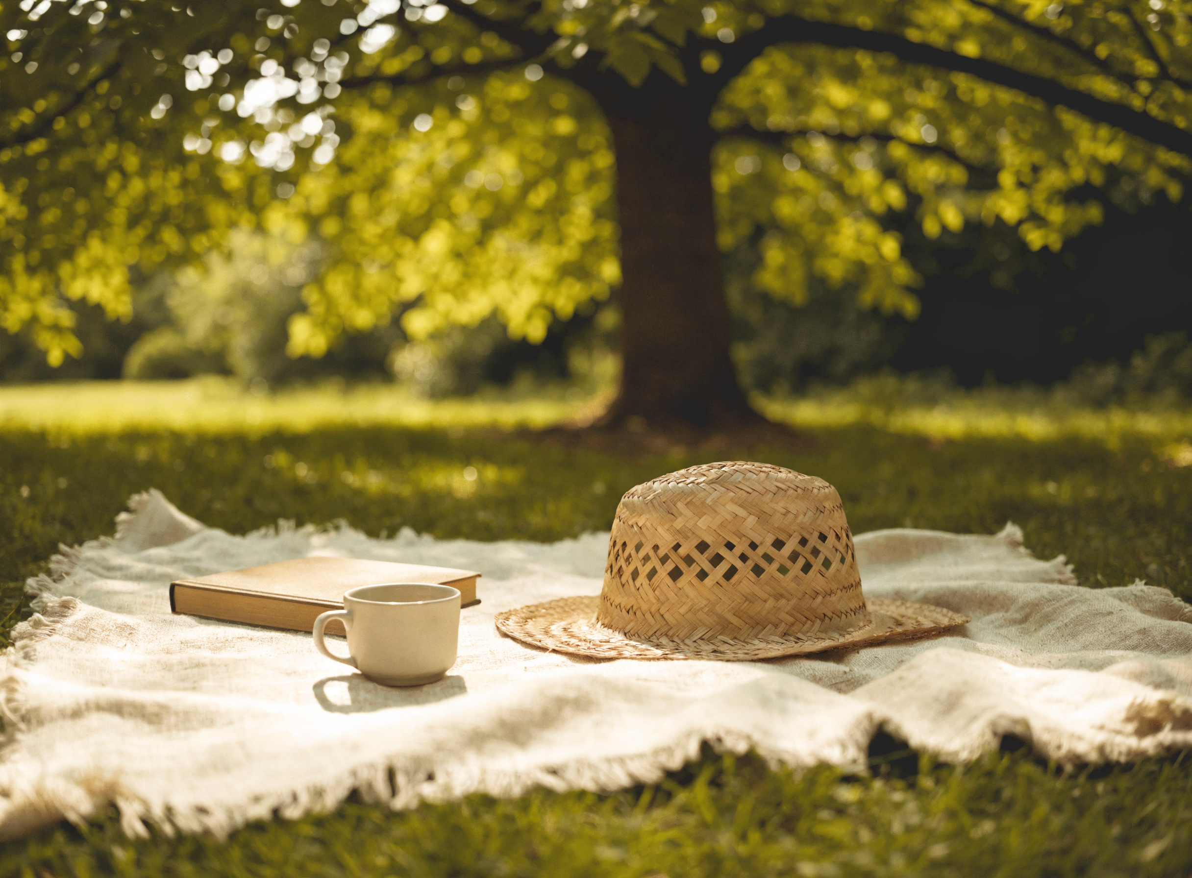 A linen blanket in dappled shade under a leafy tree, a restful spot for forest bathing